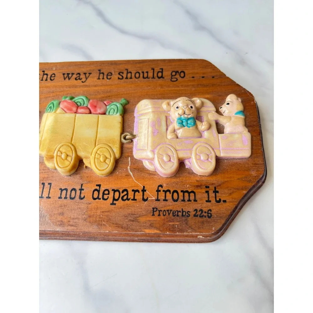 Vintage Wooden Proverbs 22:6 Child Train Wall Plaque Nursery Decor Teddy Bear